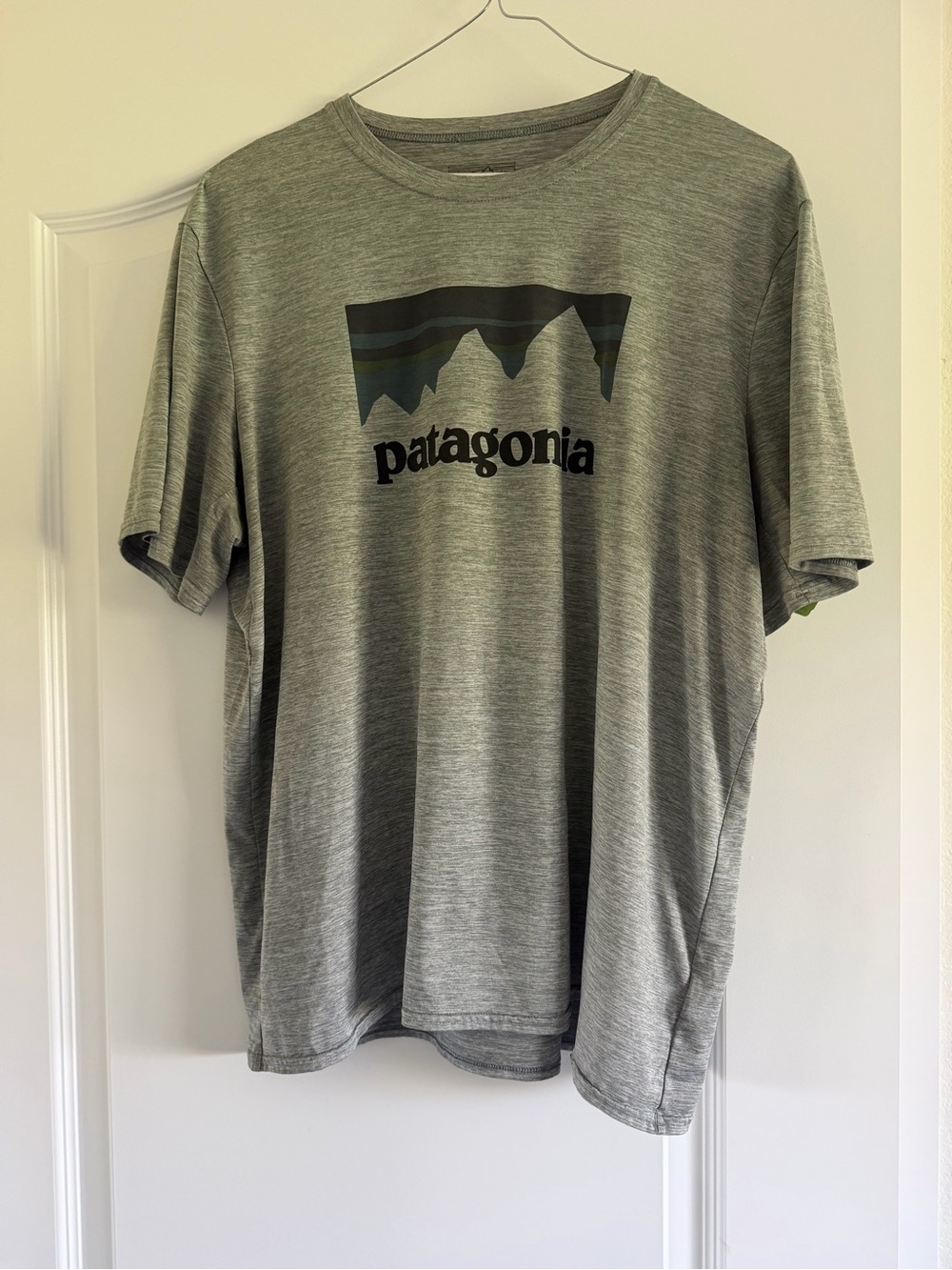 PATAGONIA Men's Grey Mountain Logo Graphic Tee size Large Capilene Base Layer